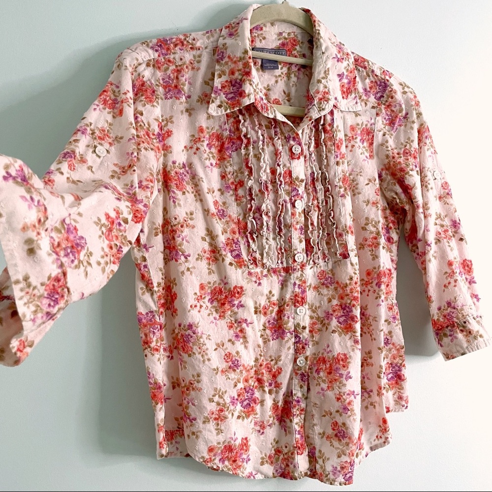 Floral Rise Button Down Shirt with Vertical Ruffles Flattering to Petite Frames